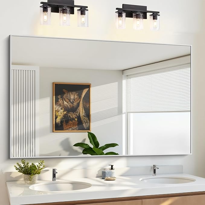 KOCUUY Silver Bathroom Mirror, HD Tempered Glass, Anti-Rust Brushed Silver Frame - Image 2
