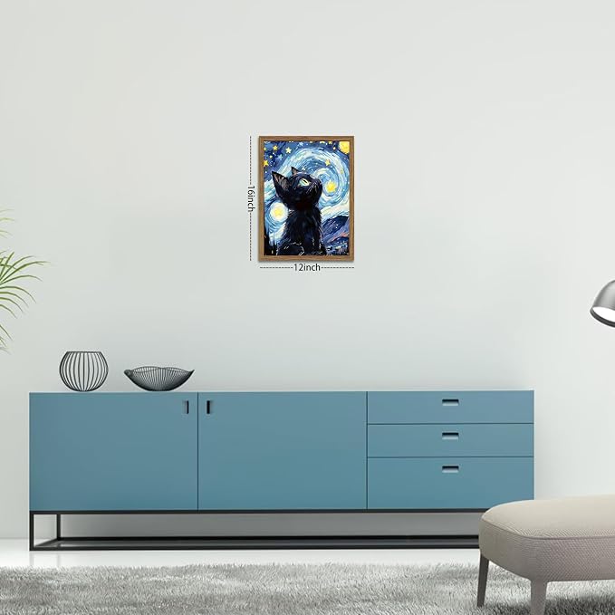 Framed Black Cat Wall Art, Van Gogh Starry Night Canvas Wall Decor, Cute Cat - Image 3