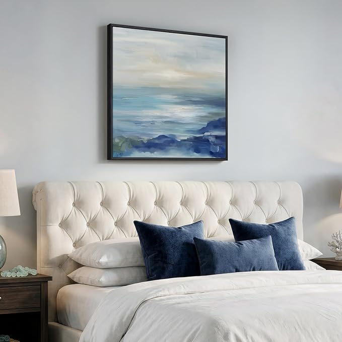 Framed Blue Abstract Wall Art Decor, Square Coastal Modern Canvas Artwork - Image 2