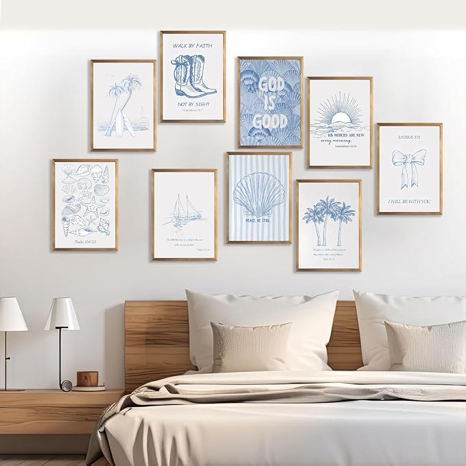 9 Pcs Coastal Christian Wall Art Blue Seashell Posters Inspirational Bible - Image 3