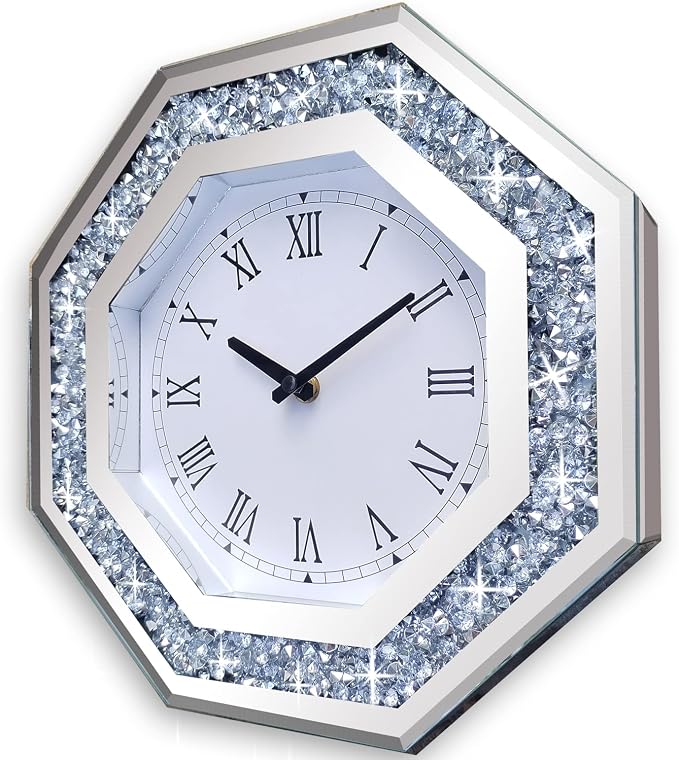 Wall Clock, Octagon Mirror Glass Clock, Cute Diamond 20-inch Non-Ticking Clock - Image 7