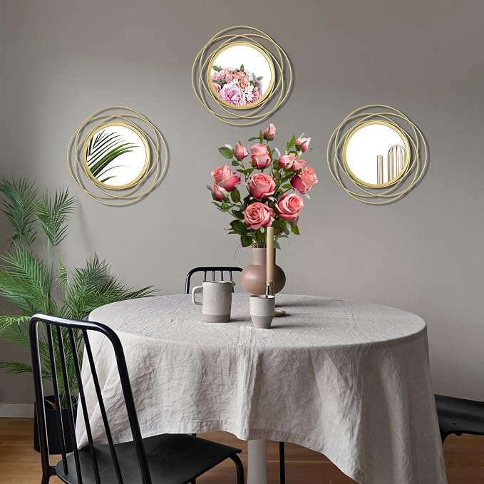 3 Set 9.5 Inch Gold Circle Mirrors Wall Decor Iron Frame Wire Mirror Metal - Image 3