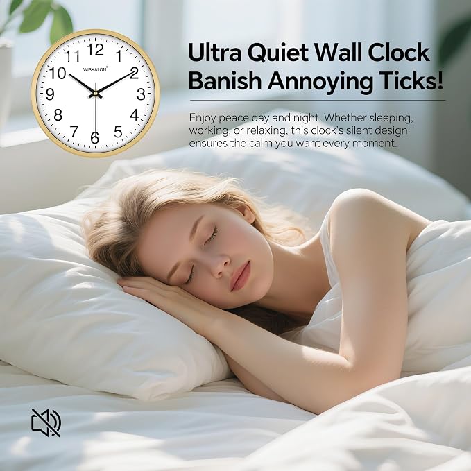 WISKALON 10 inch Wall Clock, Silent Non-Ticking Elegant Golden Frame Clock - Image 4