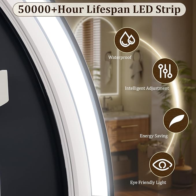 BEAUTYPEAK 34x30 LED Arch Bathroom Mirror - Image 3