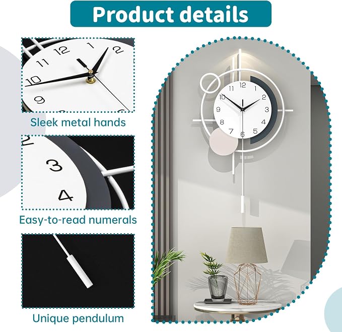 Large Decorative Wall Clock Silent Non-Ticking Quartz Battery Operated Pendulum - Image 5