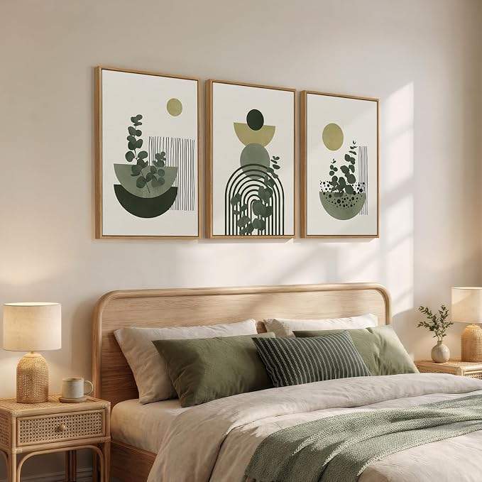 Framed Boho Botanical Wall Art for Living Room, 3 Piece Modern Green Bohemian - Image 2