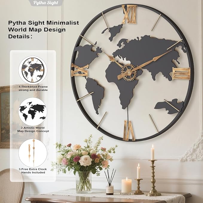 Pytha Sight 24 Inch Large Wall Clock, Modern Decorative Big World Map - Image 2