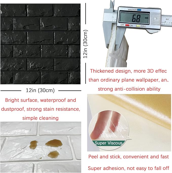 YU LI 3DH 3D Wall Panels Peel and Stick 11PCS Black Foam Brick Wallpaper - Image 5