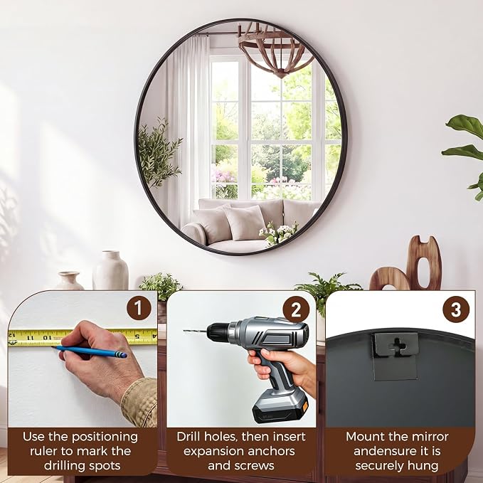 NEWBULIG 24 Inch Round Wall Mirror, Bathroom Mirror - Image 7