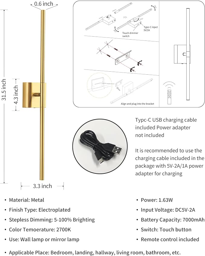 KDG Cordless Wall Sconces Set of 2, Wireless 5200mAh Rechargeable Battery - Image 5