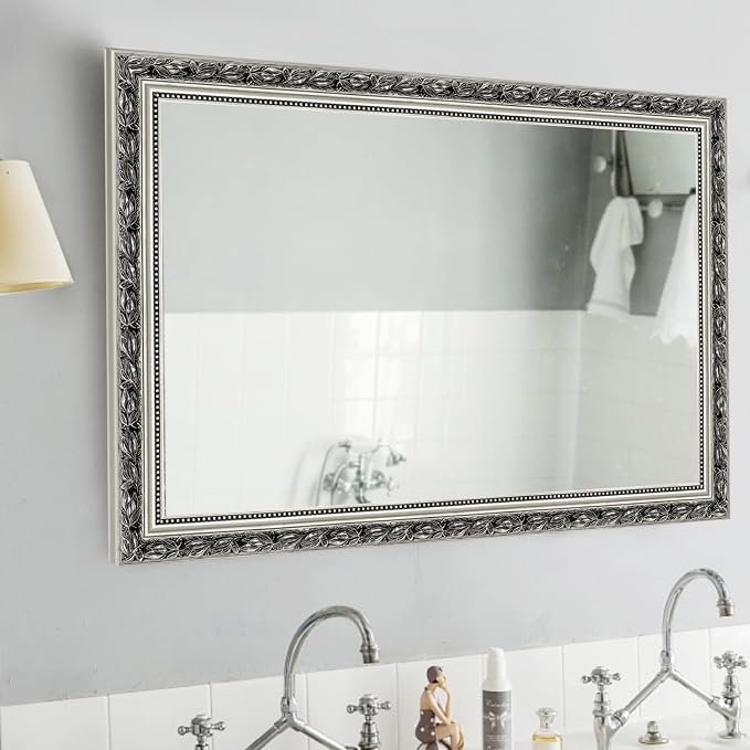 HA Bathroom Mirrors 40x24 Inch for Wall, Rectangle Silver Frame Wall Mounted by Unknown