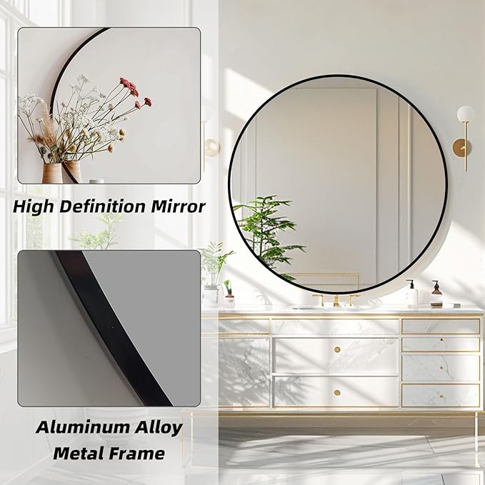 Round Black Mirror, 30 Inch Circle Black Mirror, Metal Frame Round Wall Mounted - Image 2
