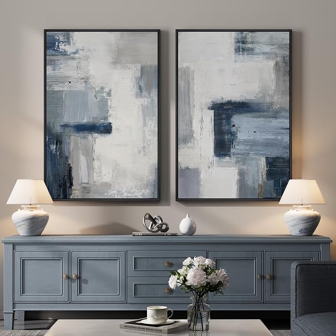 Large Framed Blue Gray Abstract Wall Art Set of 2, Modern Canvas Artwork - Image 4