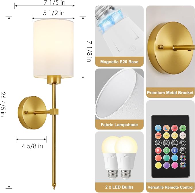 Battery Operated Wall Sconce Set of Two, Wireless Rechargeable Wall Light - Image 7