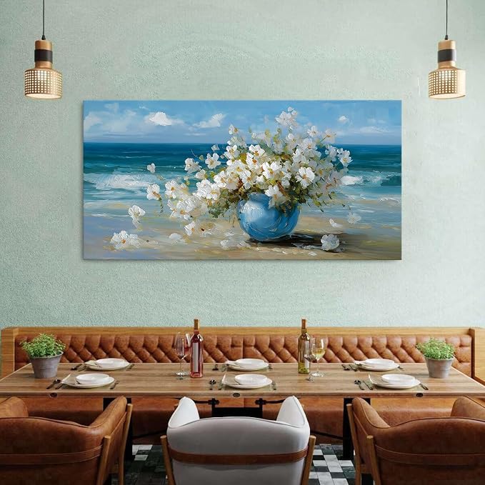 Vintage Flowers Canvas Wall Art White Blossom Painting Retro Flowers in Blue - Image 4