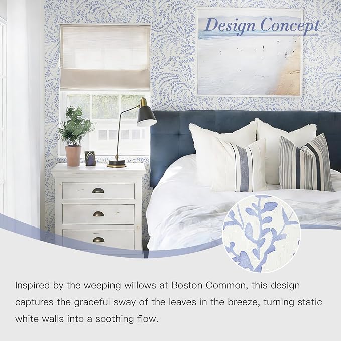Heroad Peel and Stick Wallpaper Boho Blue Contact Paper Modern Botanical Wall - Image 8