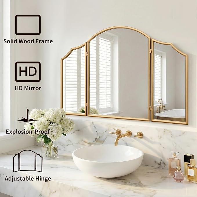 Besdomus Gold Scalloped Vanity Mirror: 36"x24" Large Modern Three Sided Dresser - Image 3