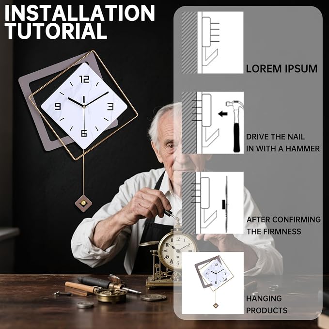 Wall Clock with Pendulum, Silent Quality Quartz Battery Operated, Modern Large - Image 7