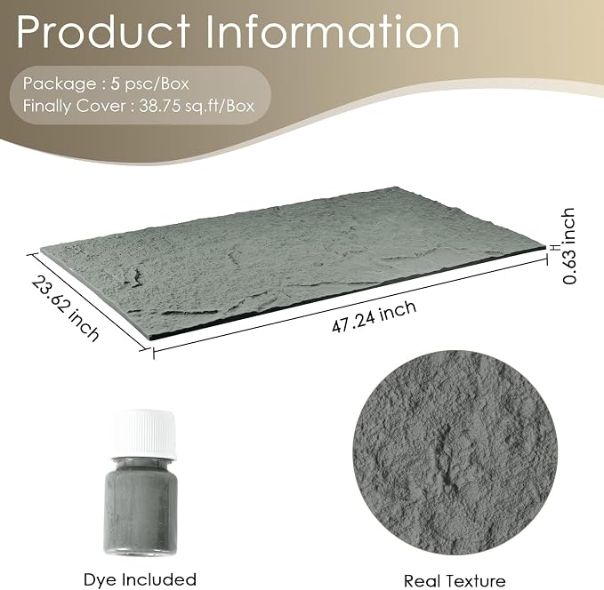 5-Pack 3D Faux Stone Wall Panels, PU Cement-Texture Wainscoting Panels - Image 2