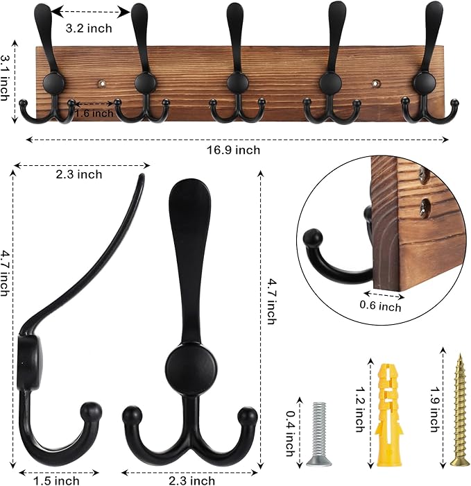 Kuhome Coat Rack Wall Mount Wooden Hat Rack - Image 2