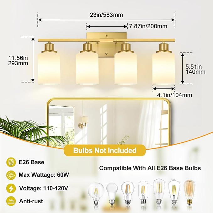 Indoi 4-Light Bathroom Light Fixtures, Brushed Gold Vanity Lights - Image 8