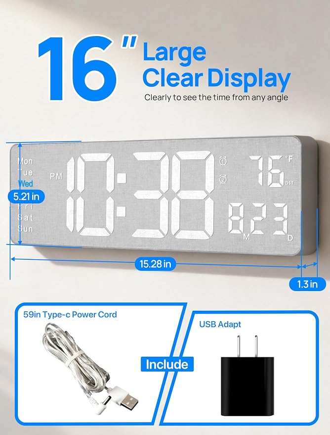 MASHI 2026 Upgrade Digital Wall Clock, Auto-Dimming Wall Clock - Image 2