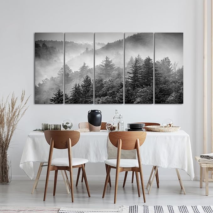 iKNOW FOTO 5-Piece X-Large Canvas Wall Art Set Black and White Misty Forest & - Image 3