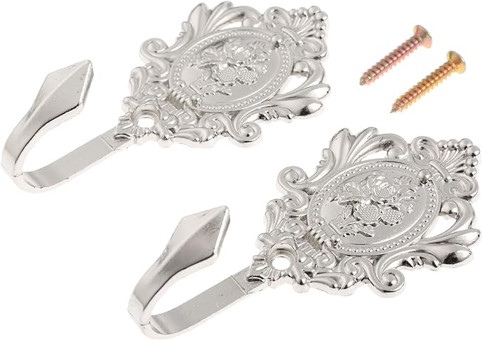 2Pcs Wall Hooks Silver Rose Pattern Carved Vintage Drapery Clothes Key Hook by Hicello