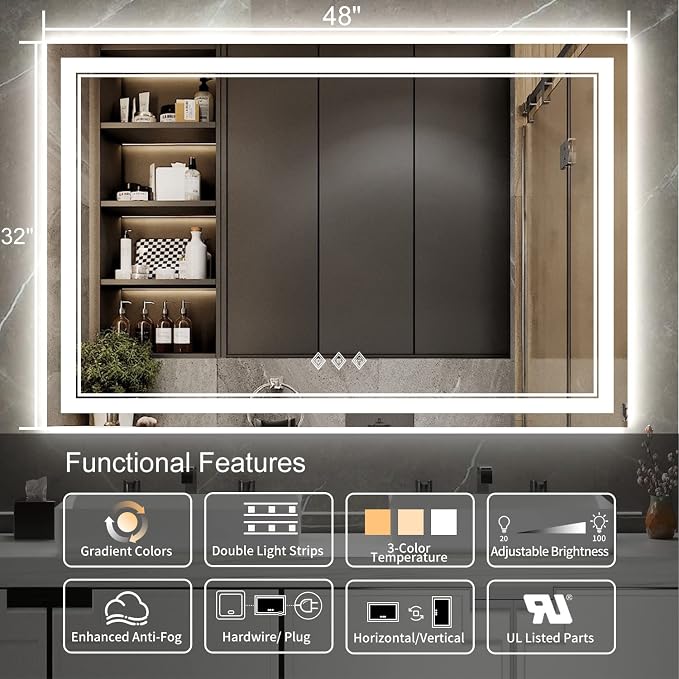 LED Bathroom Mirror, 48x32 Inch Gradient Front and Backlight Lighted Vanity - Image 2