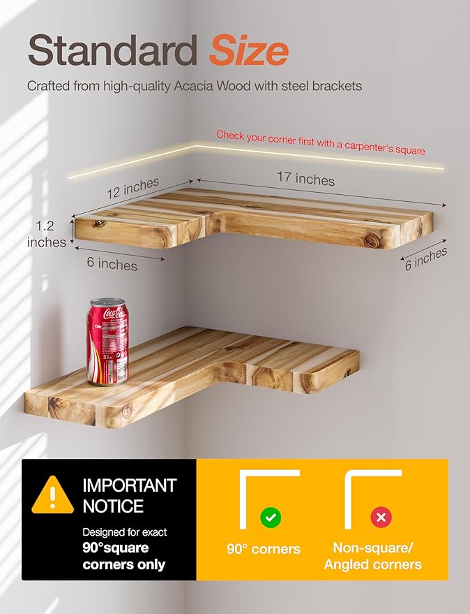 BATODA Acacia Corner Floating Shelves 17“x12”, Wall Shelves - Image 2