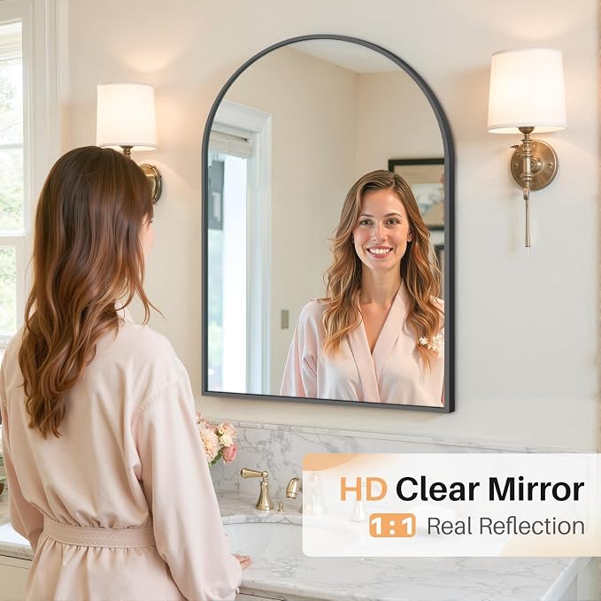 Bathroom Mirror for Wall, 30x20 Inch Arched Mirror, Matte Black Metal Framed - Image 8