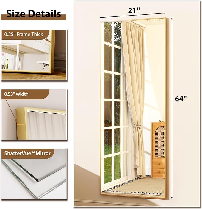 GLSLAND 64"x21" Full Length Mirror Big Standing Mirror Freestanding Hanging or - Image 3