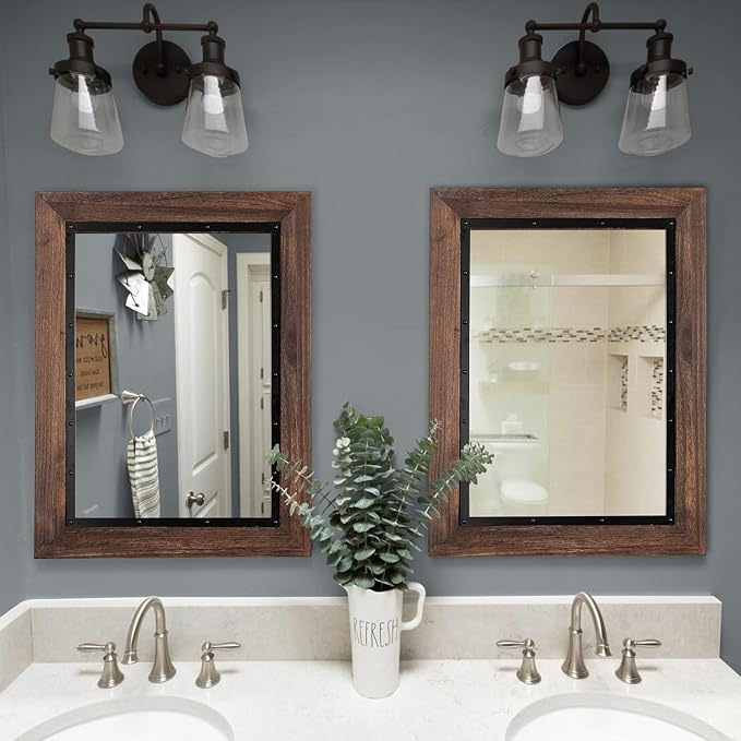 YOSHOOT Rustic Wooden Framed Wall Mirror, Natural Wood and Iron Bathroom Vanity - Image 5