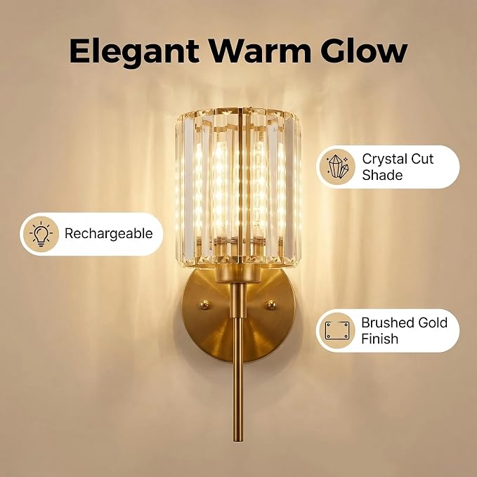 Gold Crystal Wall Sconce Battery Operated and Rechargeable Wall Light - Image 2
