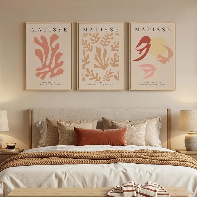 Framed Large Matisse Abstract Wall Art Set of 3, Vintage Neutral Pink Floral - Image 3