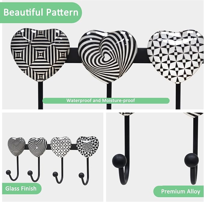 Coat Rack Wall Mounted with 4 Hooks, Heart Geometric Pattern Decorative Wall - Image 4