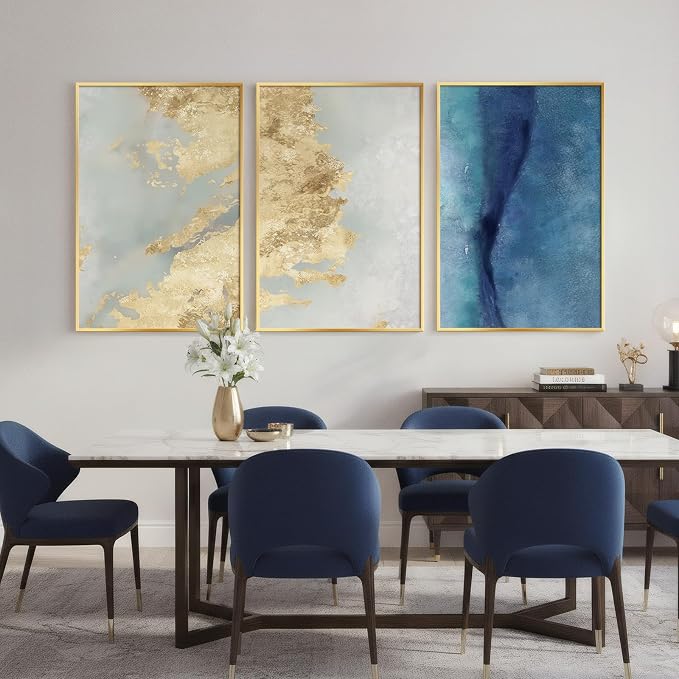 Large Framed Abstract Wall Art for Living Room, Luxury 3 Piece Canvas Blue - Image 2