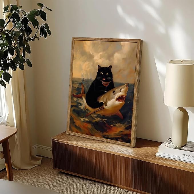 Funny Black Cat Wall Art Whimsical Cat Riding a Shark Wall Decor Picture Unique - Image 5