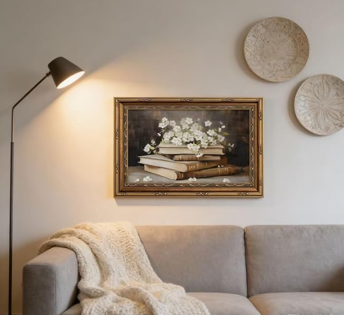 Vintage Gold Framed Wall Art Retro Moody Books and Flowers Oil Painting Canvas - Image 5