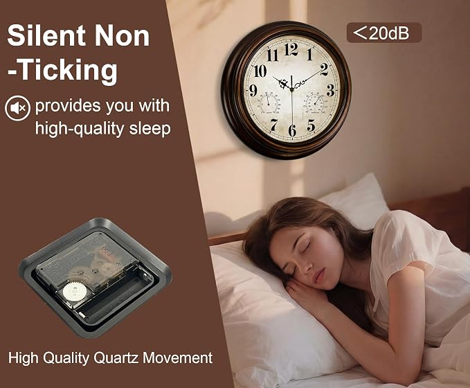 Vintage Wall Clock 13 Inch Quartz Silent Non-Ticking Analog Clock - Image 4