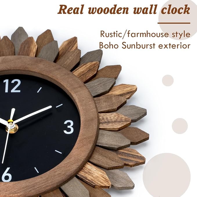Honiway Wall Clock Battery Operated 12 in Rustic Wood Boho Sunburst Decorative - Image 2