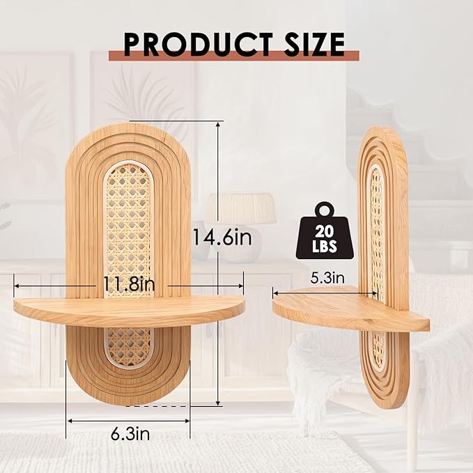 Floating Shelves for Wall, Boho Home Wall Decor, Rattan Plant Shelf Set of 2 - Image 3