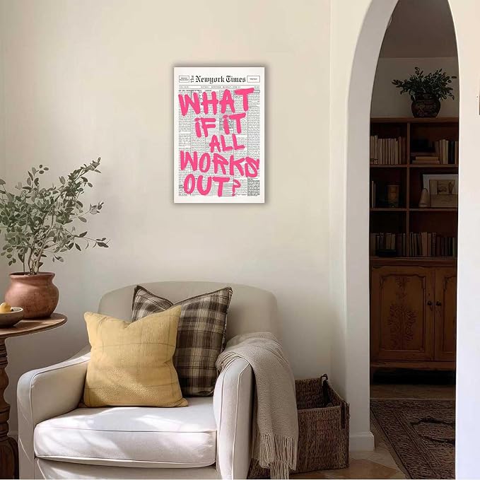 Drimiler Retro Newspaper Pink Font Poster What If It All Works Out Canvas Wall - Image 6