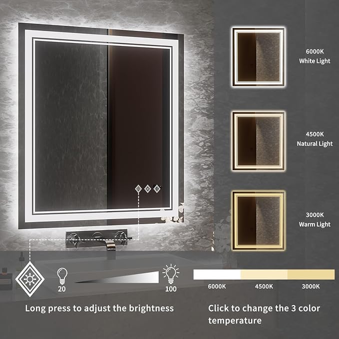 Bathroom Mirror, 32x36 Inch Gradient Front and Backlit LED Mirror - Image 4