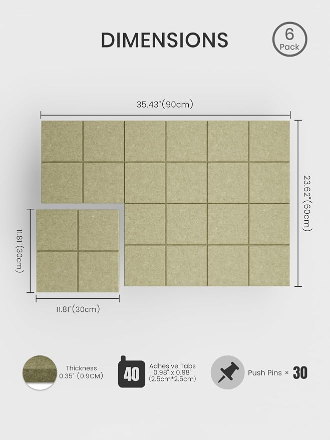 Bumusty Large Felt Bulletin Board, 30 Push Pins, 40 Adhesive Tabs, Olive Green - Image 2
