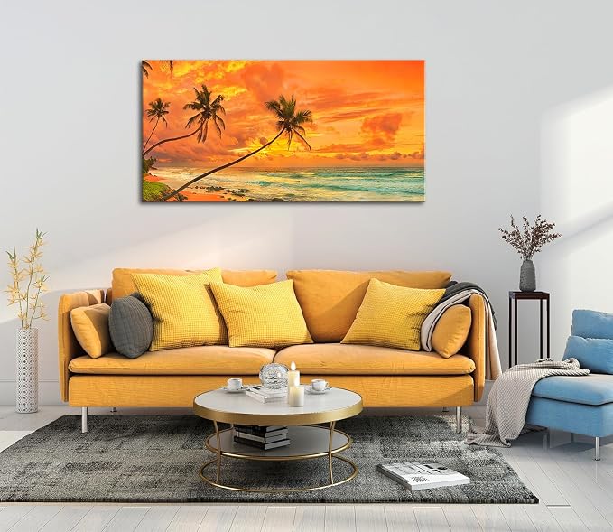 Tropical Beach Sunset Large Wall Art – Stretched & Framed Ocean Waves Canvas - Image 2