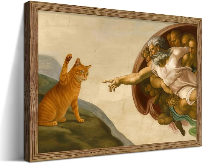Framed Vintage Cat Canvas Wall Art, Funny Orange Cat Parody Classic Masterpiece by Unknown