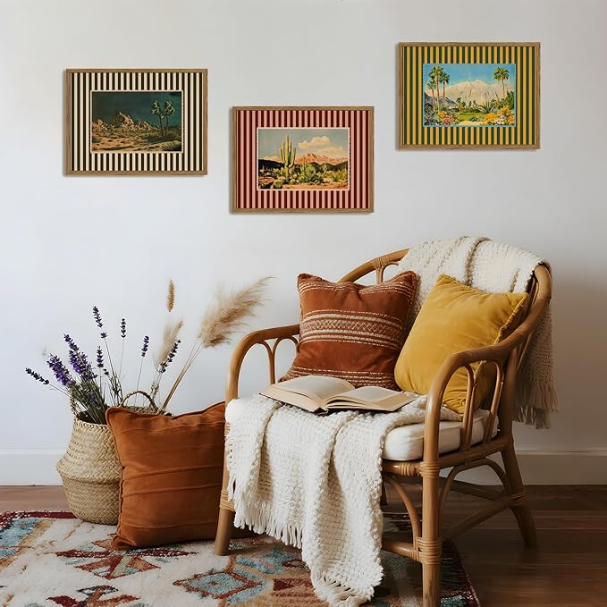 Framed Vintage Western Nature Landscape Wall Art Set of 3, Striped Postcards - Image 8