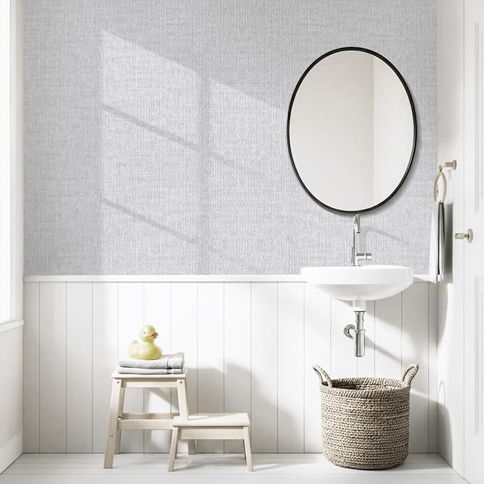 Grasscloth Peel and Stick Wallpaper, Light Grey Vintage Textured Faux Linen - Image 5