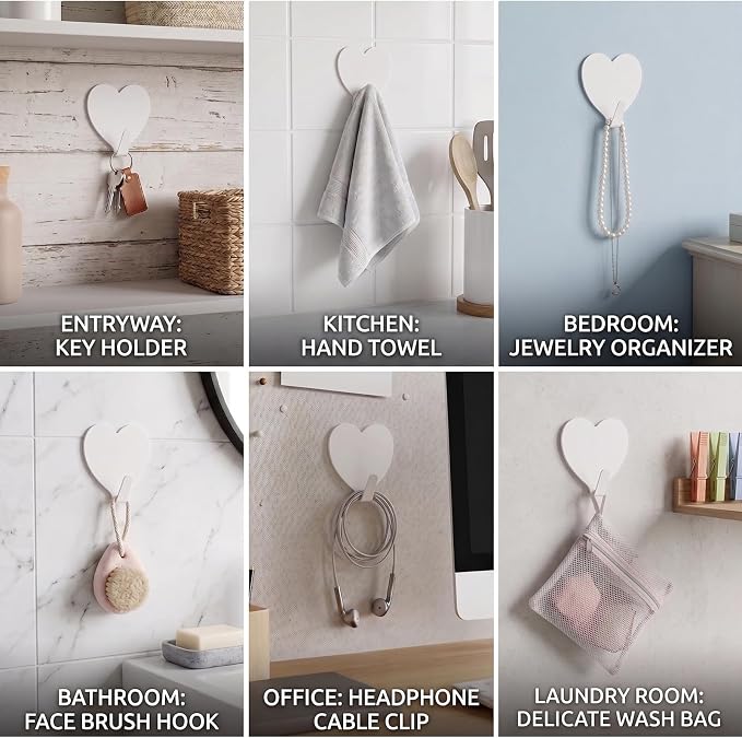 Heart Wall Hooks, 8 Pack, Cute White Decorative Accessories, Purse Hanger - Image 5